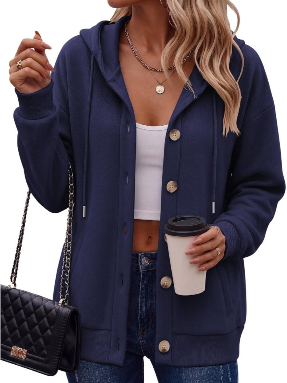 〽️Women's Navy Blue Hoodie Sweatshirt Button Pocket Comfy Fleece Fashion Jacket